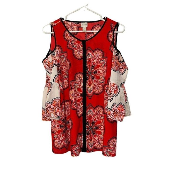 Chico’s Tiled Spice Cold Shoulder top Blouse size 1 M/8 - Picture 6 of 11